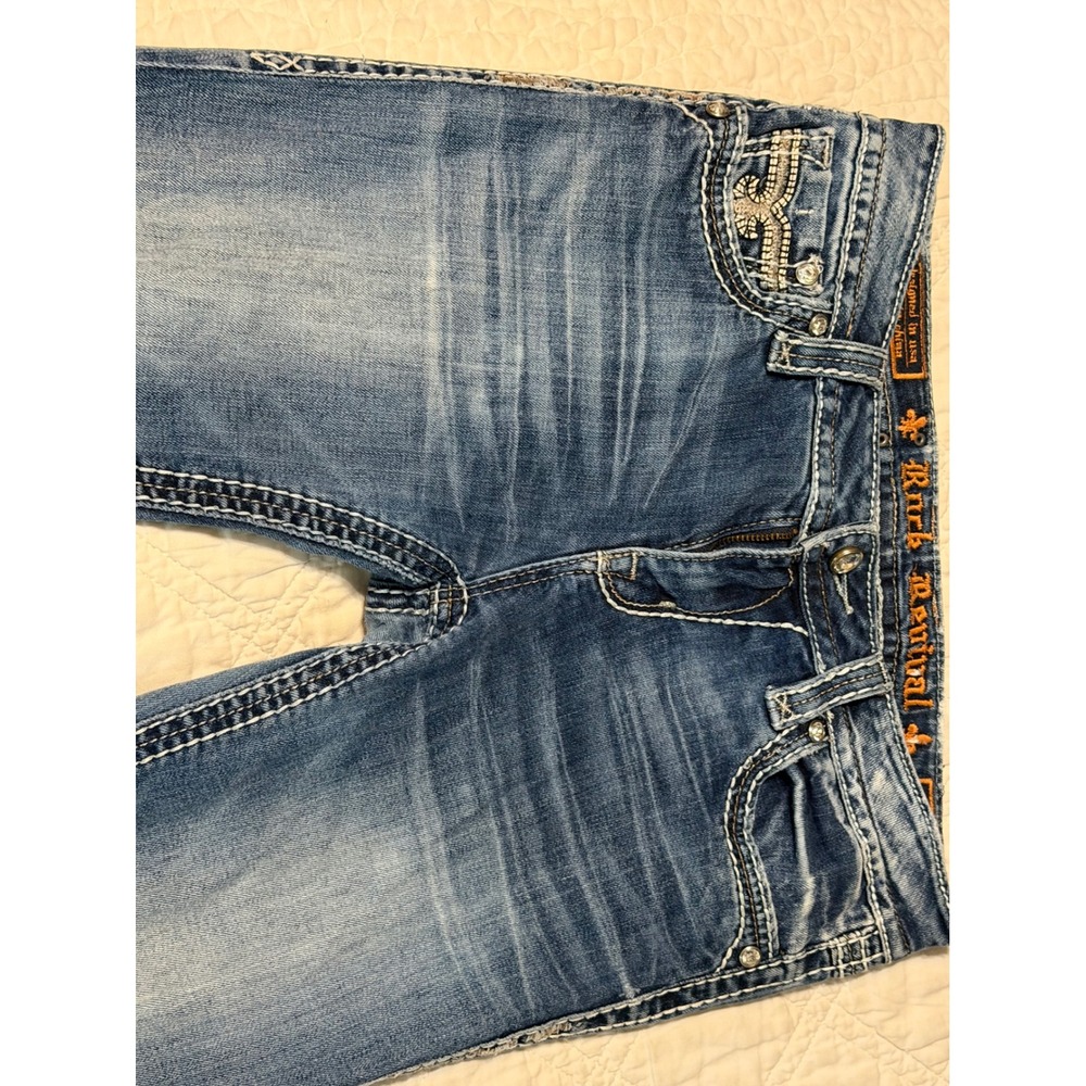 Rock Revival Shaina Mid-Rise Skinny Jeans Blue Fleur De Lis Rhinestone Size 29 - Picture 5 of 13